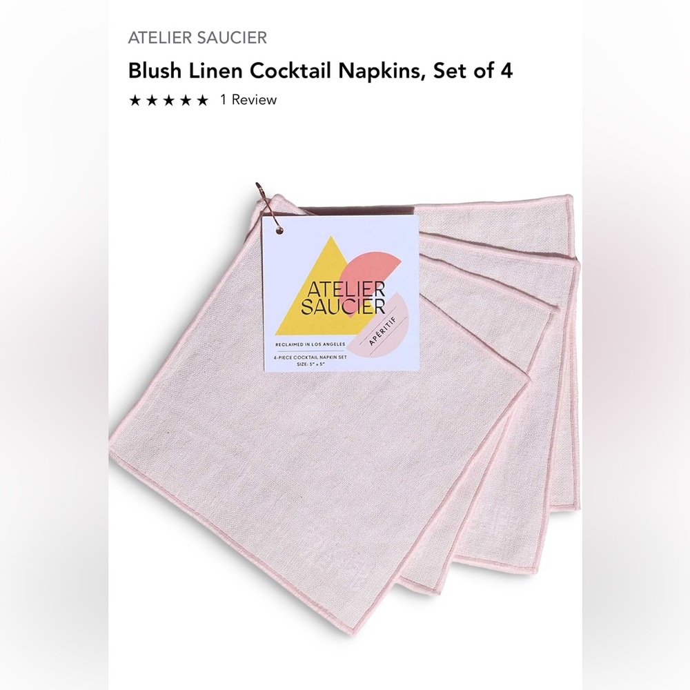 ATELIER SAUCIER Blush Linen Cocktail Napkins, Set of 4,Brand New In Package.